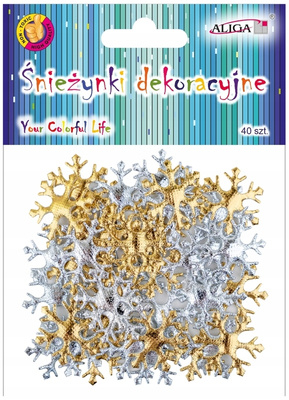 Aliga Śnieżynki dekoracyjne złote i srebrne,  3,5cm, op. 40szt.